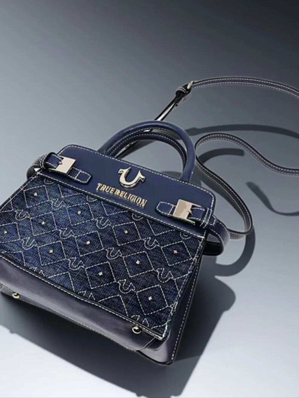 True Religion Dark Blue Quilted Denim Top-Handle Satchel